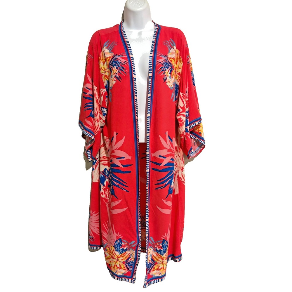 Flying Tomato Kimono Duster~M/L~Pink Tropical Floral Beach Coverup Boho Festival